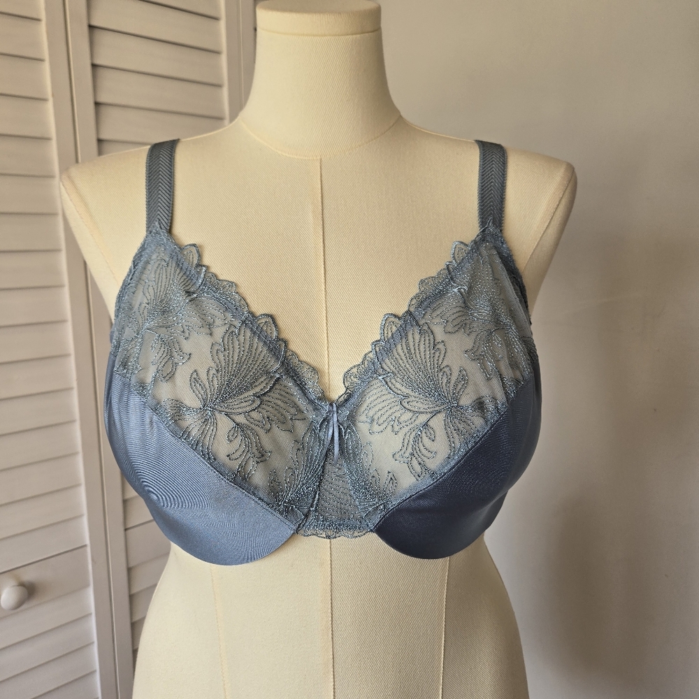 Wacoal Blue Embroidered Mesh Unlined Underwire Bra Size 42DD Floral Lace Sheer
